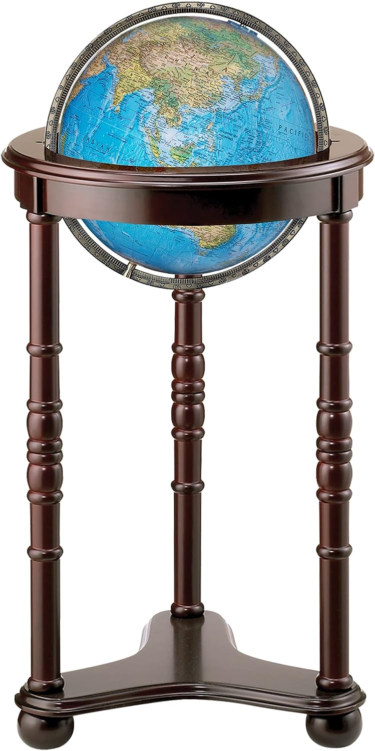 Dark Cherry Finish Wood Stand, Blue Ocean Illuminated World Globe, 12" Diameter, Floor Model